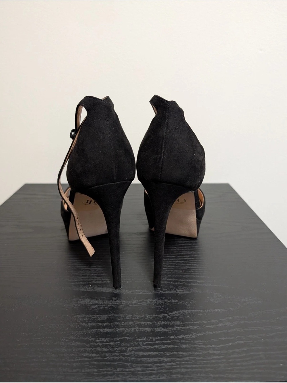 JLO Jennifer Lopez Black Suede Crisscross Platform Heels - Picture 3 of 7